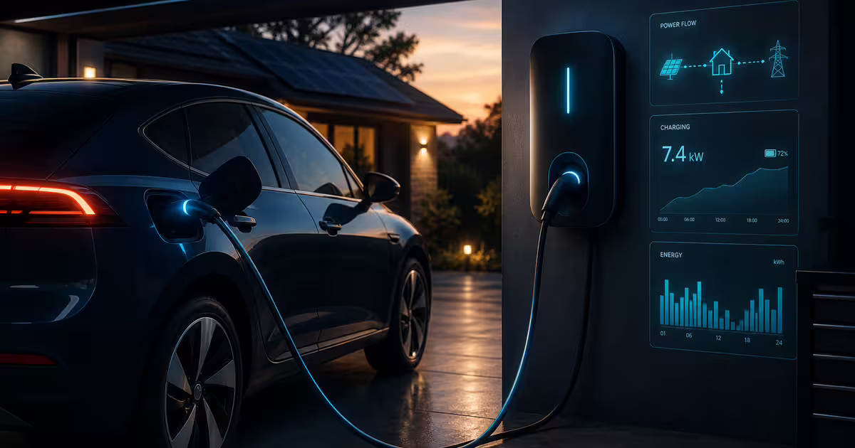Samochód elektryczny ładowany przy domowej stacji 7,4 kW z panelami fotowoltaicznymi w tle