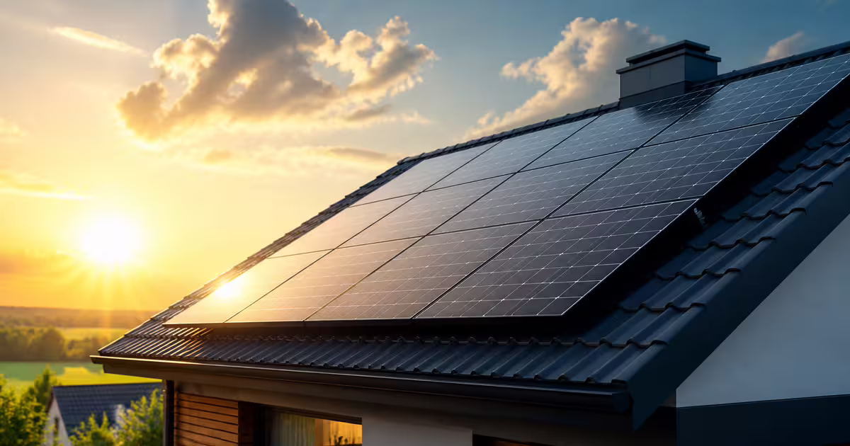 Nowoczesny dom z panelami słonecznymi na dachu na tle zachodzącego słońca i zielonych pól