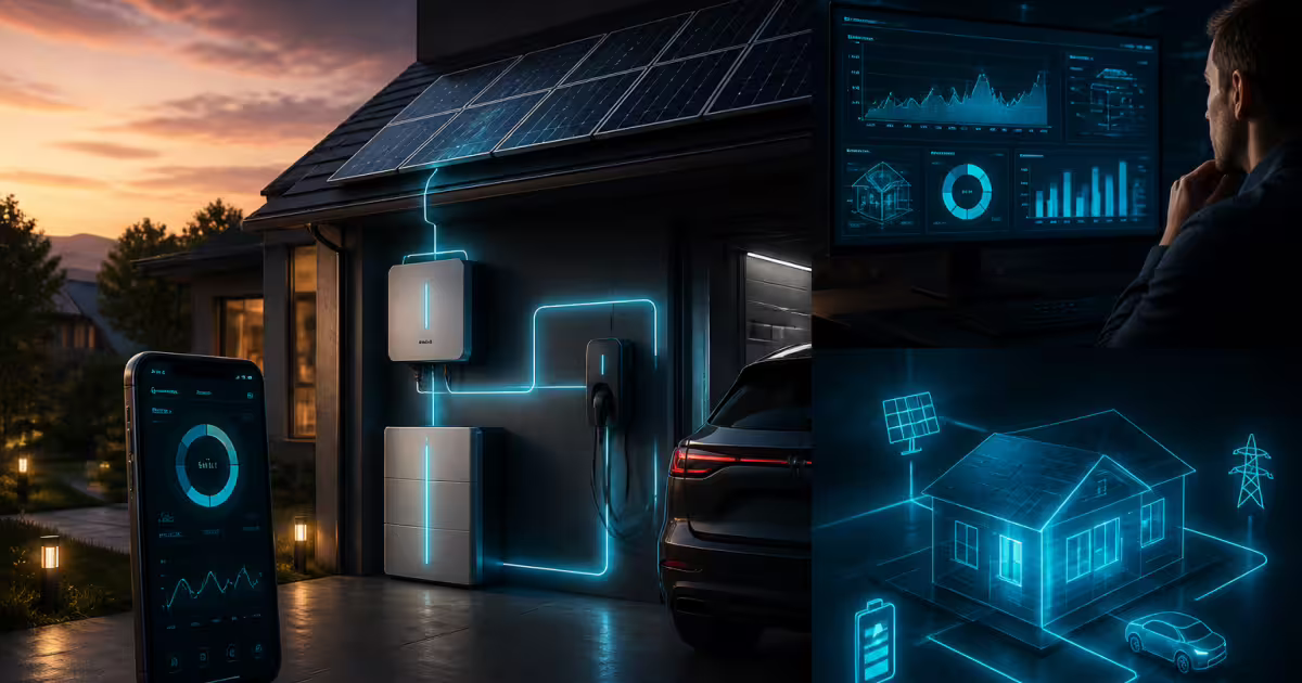 Dom z panelami fotowoltaicznymi, falownikiem, magazynem energii i ładowarką EV oraz aplikacja i monitoring zużycia energii