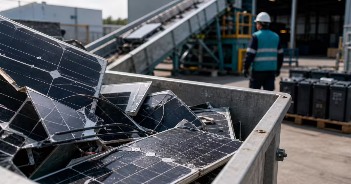 Kontener ze zużytymi panelami fotowoltaicznymi przy taśmociągu w zakładzie recyklingu, w tle pracownik i akumulatory