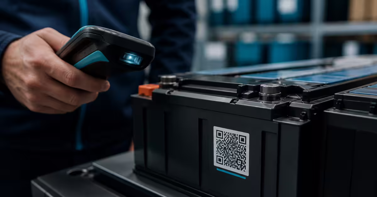 Pracownik skanuje kod QR na module baterii ręcznym czytnikiem w magazynie
