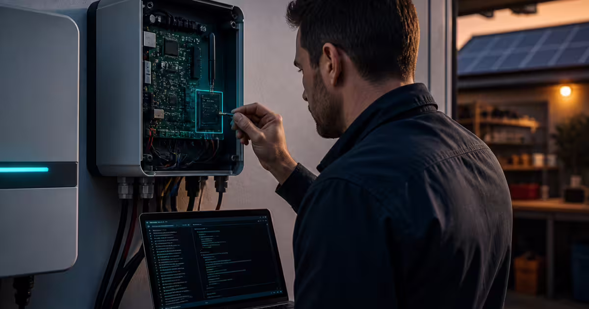 Technik sprawdza płytkę elektroniczną w otwartej obudowie falownika, obok laptop z kodem i panele słoneczne