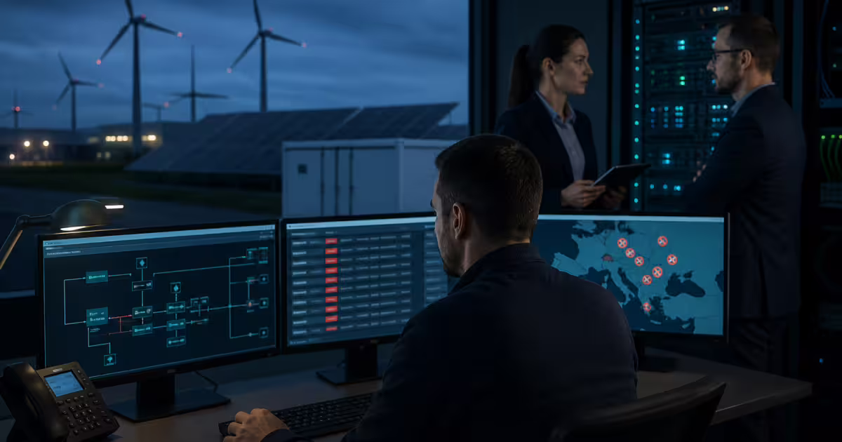 Operator w sterowni monitoruje schemat sieci i mapę Europy z alertami, za oknem turbiny wiatrowe i panele PV